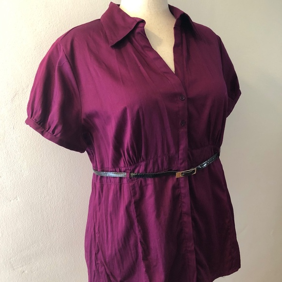 Cotton Plum V-Neck Collar w Belt Short Sleeve Blouse - Picture 1 of 9